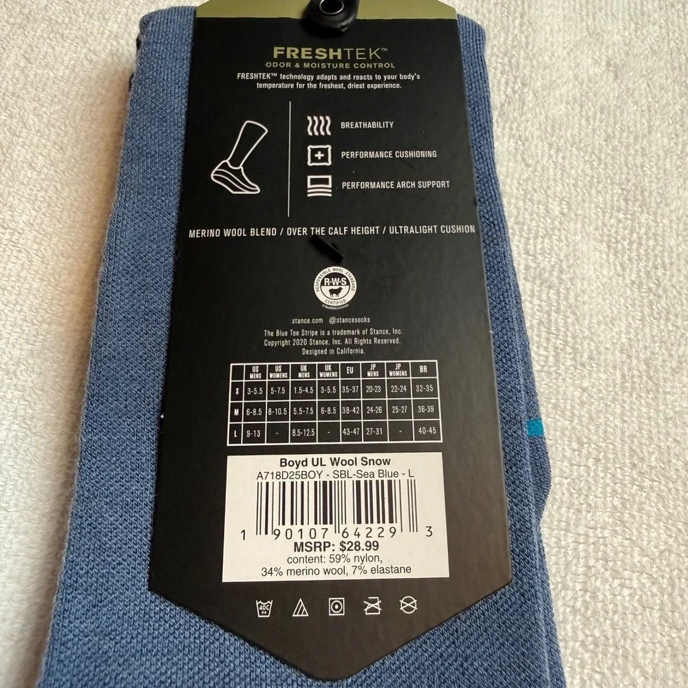 Stance Boyd UL Merino Wool Snow Mens‎ OTC Socks Large 9-13 Blue Gray New $29